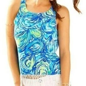 Lilly Pulitzer Sonya Fringe‎ Top Womens Sz 0 Sparkling Blue Oh Shucks Tropical